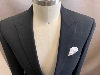 RALPH LAUREN, Black, White, Wool, Solid, 2 Button Front, Peaked Lapel, 3 Pockets, White Attached Pocket Square