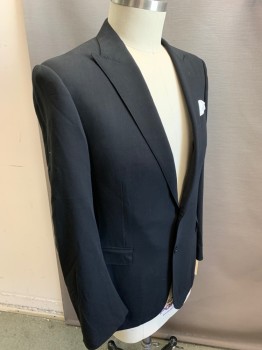 RALPH LAUREN, Black, White, Wool, Solid, 2 Button Front, Peaked Lapel, 3 Pockets, White Attached Pocket Square