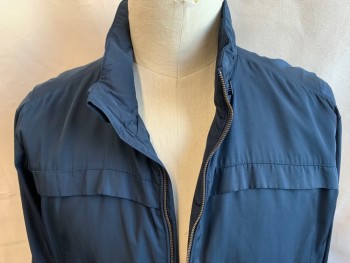 Mens, Casual Jacket, CALVIN KLEIN, Navy Blue, Polyester, Solid, 2XL, Collar Attached, with Zipper & Hood Inside, 1.25" Flap Yoke Front & Back, Zip Front, 2 Pockets with Zipper, Long Sleeves, Navy Lining
