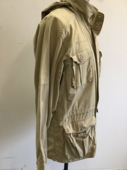Mens, Casual Jacket, LL BEAN , Khaki Brown, Cotton, Solid, XL, Zip/button Front, Stand Collar, Attached Hood, 4 Cargo Pockets,
