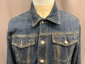 Mens, Jean Jacket, ROOTS, Navy Blue, Cotton, Heathered, XL, Dark Wash, Spread Collar, Button Front, 2 Patch Flap Pockets, 2 Side Welt Pockets, Adjustable Waistband Tabs, Gold Top Stitching, Distressed
