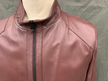 Mens, Leather Jacket, HUGO BOSS, Maroon Red, Leather, Solid, 46R, Zip Front, Stand Collar, 2 Pockets, Front Waist Seam