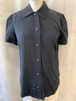 J. CREW, Black, Silk, Solid, Collar Attached, Button Front, Short Sleeves