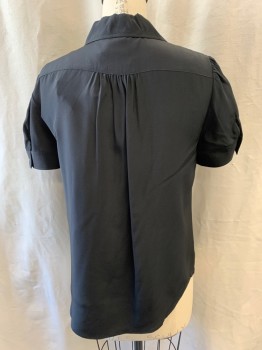 J. CREW, Black, Silk, Solid, Collar Attached, Button Front, Short Sleeves
