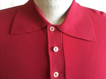 MONTGOMERY WARD, Red, Nylon, Solid, Polo Shirt, Ribbed Knit Collar Attached, Short Sleeves Cuff, Placket with 4 Button Front and Hem