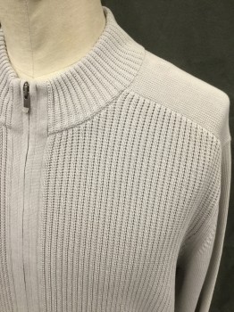 Mens, Cardigan Sweater, CALVIN KLEIN, Dove Gray, Cotton, Solid, XXL, Zip Front, Ribbed Knit Front/Stand Collar/Waistband/Cuff, **Shoulder Burn**