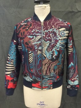 Mens, Casual Jacket, PAUL SMITH, Brick Red, Teal Blue, Lt Blue, Aubergine Purple, Red, Polyester, Novelty Pattern, XL, Polyester Silk Woven Novelty Dreamscape Pattern, Zip Front Solid Black Ribbed Knit Bomber Collar/Cuff/Waistband