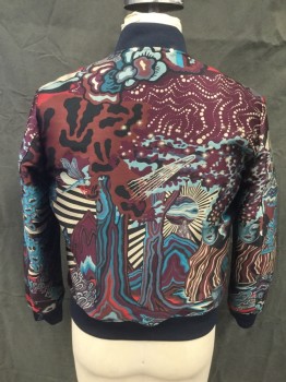 Mens, Casual Jacket, PAUL SMITH, Brick Red, Teal Blue, Lt Blue, Aubergine Purple, Red, Polyester, Novelty Pattern, XL, Polyester Silk Woven Novelty Dreamscape Pattern, Zip Front Solid Black Ribbed Knit Bomber Collar/Cuff/Waistband