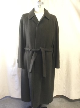 Mens, Coat, Overcoat, HOLT RENFREW, Moss Green, Wool, Heathered, 44L, Single Breasted, Hidden Placket, Collar Attached, Raglan Long Sleeves, Button Tab at Cuff, 2 Pockets, Belt Loops, Self Belt, Pleated Center Back From Mid Back