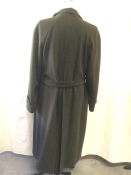 Mens, Coat, Overcoat, HOLT RENFREW, Moss Green, Wool, Heathered, 44L, Single Breasted, Hidden Placket, Collar Attached, Raglan Long Sleeves, Button Tab at Cuff, 2 Pockets, Belt Loops, Self Belt, Pleated Center Back From Mid Back
