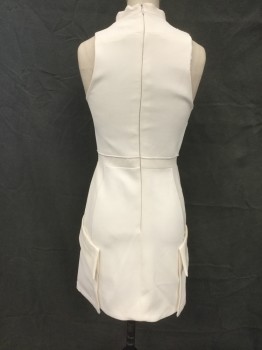 CAMILLA & MARC, Off White, Polyester, Solid, Pique, Double Flap Top with Brown Resin Button Detail, Small V Stand Collar, 2 Large Side Pockets with Flap Over, Zip Back, Mini
