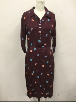 Womens, Dress, Long & 3/4 Sleeve, CHRISTY DAWN, Maroon Red, Peach Orange, Teal Green, Blue, Gray, Rayon, Abstract , Floral, M, 1/2 Button Front, Collar Attached, Side Zip, 3/4 Sleeve, Horizontal Pleats at Cuff