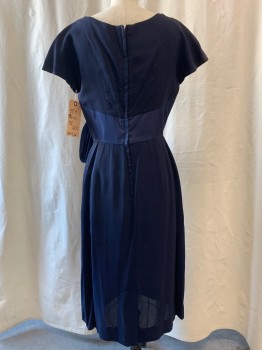 HENRY LEE, Navy Blue, Synthetic, Solid, V-neck, Pleated Shoulder Detail, Faille Waist with Draped Cummerbund, Cap Sleeve, Zip Back,