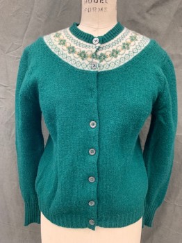 Womens, Sweater, GARLAND, Dk Green, White, Wool, Fair Isle, S, Solid Green with White/Green Fair isle Neck, Button Front, Long Sleeves, Ribbed Knit Neck/Waistband/Cuff *1 Missing Button*
