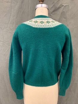 Womens, Sweater, GARLAND, Dk Green, White, Wool, Fair Isle, S, Solid Green with White/Green Fair isle Neck, Button Front, Long Sleeves, Ribbed Knit Neck/Waistband/Cuff *1 Missing Button*