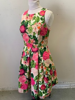 ELIZA J, Pink, Green, Lt Pink, Coral Orange, Polyester, Floral, Faille, Scoop Neck, Princess Seams, Large Box Pleats at Waist, Fit and Flare Shape, Tulle Underneath for Volume, Knee Length, Exposed Gold Zipper in Back, 2 Pockets