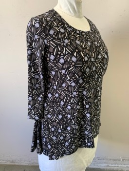 Womens, Top, ANNE KLEIN, Black, Gray, Taupe, White, Polyester, Elastane, Abstract , XL, Stretchy Material, 3/4 Sleeves, Pullover, Round Neck, High/Low Hemline