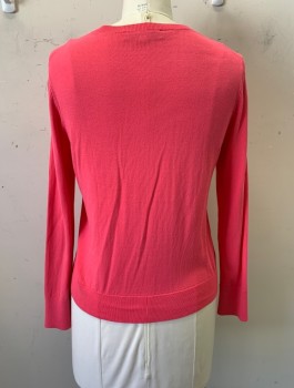 Womens, Sweater, ANN TAYLOR LOFT, Coral Pink, Cotton, Solid, L, Round Neck, L/S, Button Front