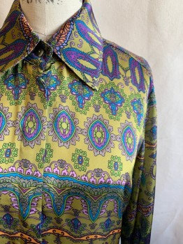 FARINAZ TAGHAVI, Olive Green, Purple, Lavender Purple, Blue, Orange, Polyester, Abstract Stripes, Mother of Pearl Button Front, Collar Attached, Long Sleeves, Button Cuff, Multiple *1 Missing Button, Others Starting to Shatter*