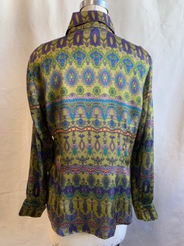FARINAZ TAGHAVI, Olive Green, Purple, Lavender Purple, Blue, Orange, Polyester, Abstract Stripes, Mother of Pearl Button Front, Collar Attached, Long Sleeves, Button Cuff, Multiple *1 Missing Button, Others Starting to Shatter*