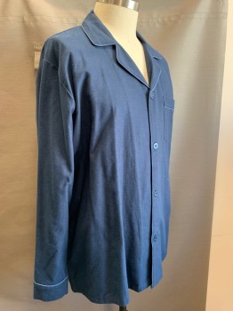 Mens, Sleepwear PJ Top, NOBLE MOUNT, Navy Blue, Blue, Cotton, Solid, 3XL, Long Sleeves, Button Front, Collar Attached, 1 Pocket, Navy with Blue Piped Trim