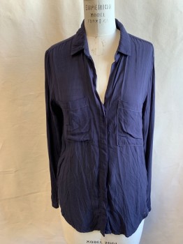 Womens, Blouse, BELLA DAHL, Navy Blue, Rayon, Solid, M, Hidden Button Front Placket, V-neck, Collar Attached, 2 Pockets, Long Sleeves, Button Cuff
