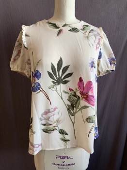 Womens, Top, MOON, Cream, Green, Pink, Violet Purple, Polyester, Floral, XS, Round Neck, Short Sleeves, Ruffle at Inset Sleeve, Elastic Cuff, Keyhole Back