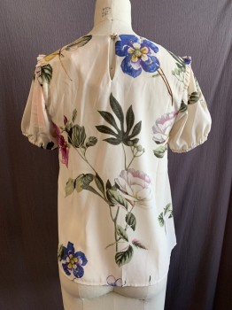 Womens, Top, MOON, Cream, Green, Pink, Violet Purple, Polyester, Floral, XS, Round Neck, Short Sleeves, Ruffle at Inset Sleeve, Elastic Cuff, Keyhole Back
