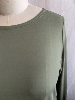 Womens, Top, EILEEN FISHER, Olive Green, Silk, Solid, L, Long Sleeves, Sheer Hem, Round Neck