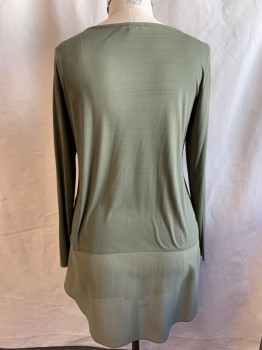 Womens, Top, EILEEN FISHER, Olive Green, Silk, Solid, L, Long Sleeves, Sheer Hem, Round Neck