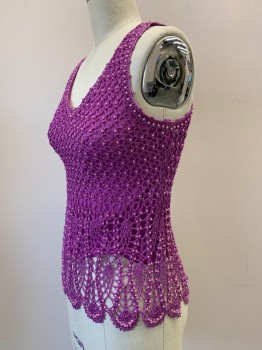 Womens, Top, NO LABEL, Magenta Purple, Pink, Cotton, Polyester, B32, S, Sleeveless, V Neck, Crochet Detail With Beads, Made To Order,