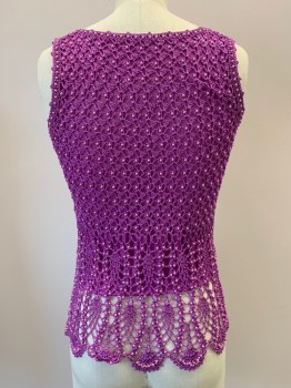 Womens, Top, NO LABEL, Magenta Purple, Pink, Cotton, Polyester, B32, S, Sleeveless, V Neck, Crochet Detail With Beads, Made To Order,