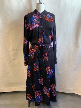 Womens, Dress, Long & 3/4 Sleeve, WHISTLES, Black, Tomato Red, Dk Blue, Purple, White, Viscose, Floral, 10, Button Front, Collar Attached, Long Sleeves, Button Cuff, Calf Length, Self Belt
