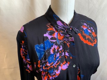 Womens, Dress, Long & 3/4 Sleeve, WHISTLES, Black, Tomato Red, Dk Blue, Purple, White, Viscose, Floral, 10, Button Front, Collar Attached, Long Sleeves, Button Cuff, Calf Length, Self Belt