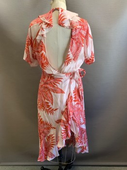 WHISTLES, Red, Ballet Pink, Viscose, Leaves/Vines , Medallion Pattern, S/S, Squared Neck, Flared Trim, Wrap Around With Tie,
