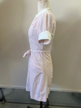 Womens, Waitress/Maid, WHITE SWAN, White, Pink, Polyester, Cotton, Stripes - Vertical , W28, B36, H38, 80s Zip Front, 3 Pckts, C.A., S/S, MATCHING BELT, Sleeves Are Cuffed, Cuffs, Breast Pckt, And Collar Are Trimmed In Rickrack