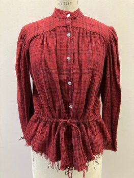 N/L, Red, Black, Cotton, Plaid, CB B.F., L/S, Yoke, Drawstring At Low Waist, Raw Frayed Hem, Made To Order,