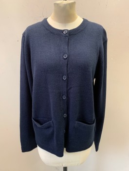 FRENCH TOAST, Navy Blue, Acrylic, Solid, Teenager, CN, L/S, Button Front, 7 Plastic Buttons, Rib Knit, Welt Pockets