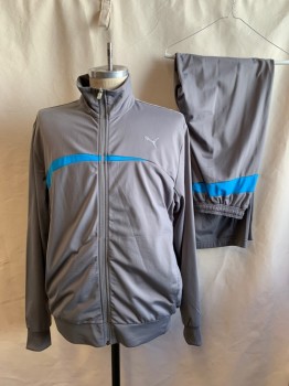 Mens, Sweatsuit Jacket, PUMA, Medium Gray, Polyester, Solid, L, Blue Streak Across Chest, Zip Front, Stand Collar, 2 Pockets, Long Sleeves, Ribbed Knit Waistband/Cuff, Vented Back Yoke
