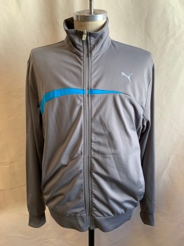 Mens, Sweatsuit Jacket, PUMA, Medium Gray, Polyester, Solid, L, Blue Streak Across Chest, Zip Front, Stand Collar, 2 Pockets, Long Sleeves, Ribbed Knit Waistband/Cuff, Vented Back Yoke