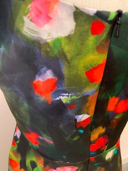 BLACK HALO, Black, Red, Green, Pink, Turquoise Blue, Synthetic, Floral, Asymmetrical Neckline, Draping In Bodice, Cap Sleeve, Scoop Back, Back Slit