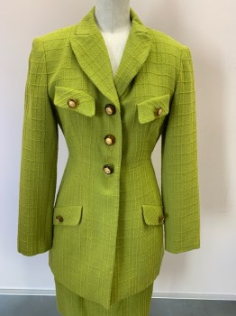 TERI JON SUITS, Chartreuse Green, Wool, Nylon, Plaid, Textured Fabric, Self Plaid, Peak Lapel, Single Breasted, Button Front, Tortoise Shell Buttons with Gold Center, 2 Faux Pockets, 2 Welt Pockets w/ Flap, Gold Metal Link & Tortoise Shell Oval Stone Belt at CB
