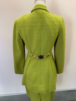 TERI JON SUITS, Chartreuse Green, Wool, Nylon, Plaid, Textured Fabric, Self Plaid, Peak Lapel, Single Breasted, Button Front, Tortoise Shell Buttons with Gold Center, 2 Faux Pockets, 2 Welt Pockets w/ Flap, Gold Metal Link & Tortoise Shell Oval Stone Belt at CB