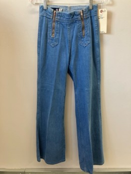 OUTER LIMITS, Med Blue, High Waist, Double Zip Barn Door Front, 2 Back Pckt, Turtle Patch, Bell Bottoms