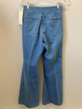 OUTER LIMITS, Med Blue, High Waist, Double Zip Barn Door Front, 2 Back Pckt, Turtle Patch, Bell Bottoms