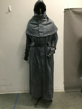 BILL HARGATE, Gray, Black, Brass Metallic, Polyester, Leather, Mottled, Snaps for Attaching Hood,  Velcro and Zip Front, L/S, Gathered Below Elbow with Velcro Closed Leather Straps Embellished with Faux Hardwear. Velcro Close Leather Belt, Inverted Box Pleat Center Back Waist to Hem, Multiple