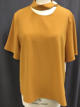 Womens, Top, ZARA, Gold, Polyester, Solid, XL, Short Sleeves, Round Neck,  with Extra Collar Band & Button, Zip Up Shoulder, Pull Over