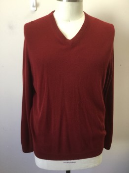 Mens, Pullover Sweater, JOHN W. NORDSTROM, Dk Red, Cashmere, Solid, XL, V-N, L/S, Ribbed Knit Collar/Cuff/Waistband