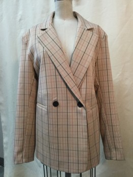 Womens, Blazer, OAK & FORT, Beige, Brown, Black, Rust Orange, White, Synthetic, Plaid, B:36, M, Beige/ Brown/ Black/ Rust/ White Plaid, Dbl Breasted, 2 Buttons,  Notched Lapel, 2 Faux Pockets