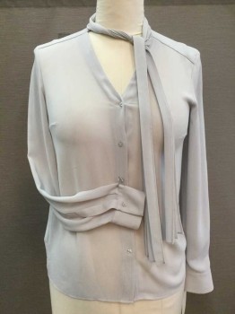BOSS, Lt Gray, Solid, BLOUSE:  Light Gray Sheer, Folded Layers Collar Attached W/self Tie-neck, V-neck, Button Front, Long Sleeves,